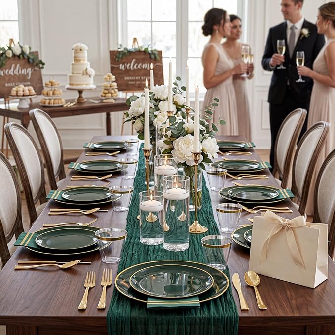 NOCCUR 350PCS Green Plastic Plates - Disposable Green Gold Dinnerware Set for 50 Guests, 100 Dinner/Dessert Plates, 150 Gold Silverware, 50 Cups&50 Napkins for Party ＆ Wedding ＆ Spring