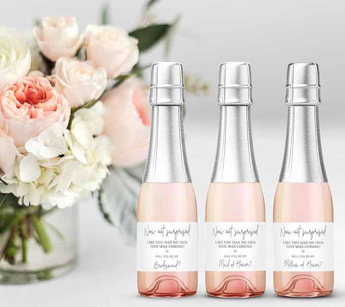 Bridesmaid Mini Champagne Labels, Funny Bridesmaid Proposal, Now Act Surprised Will You Be My Maid of Honor Ask Bridal Party Ask Bridesmaid Wine Stickers Bride Tribe Label (12 Pack)