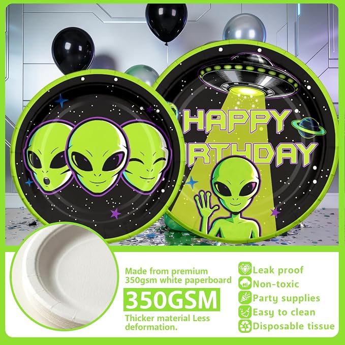 NeoRov 301 Pcs Alien Birthday Party Decorations Tableware Balloon Arch Set | Service 25 Guests | All-In-1 Pack Includes Backdrop, Tablecloth, Balloon Boxes, Balloon Kit | For UFO Theme Party