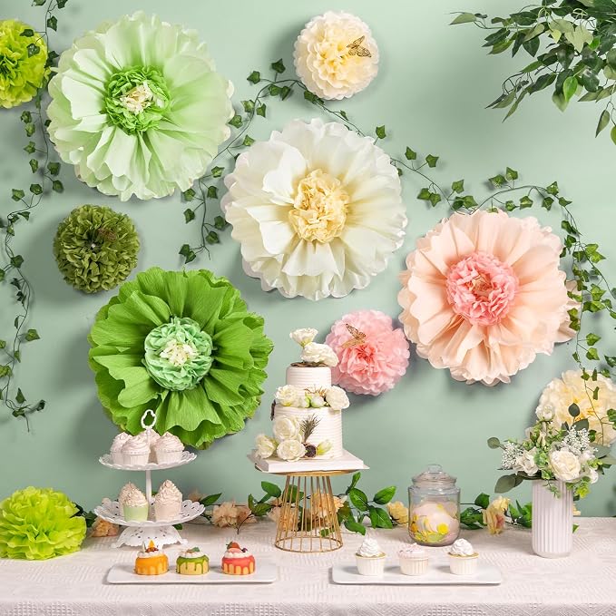 SUNBEAUTY 4 PCS 20" Sage Green Giant Paper Flowers Large Crepe Paper Tissue Flowers Artificial Decorations for Spring Summer Flower Wall Backdrop Birthday Party Wedding Baby Shower Bridal Easter Decor
