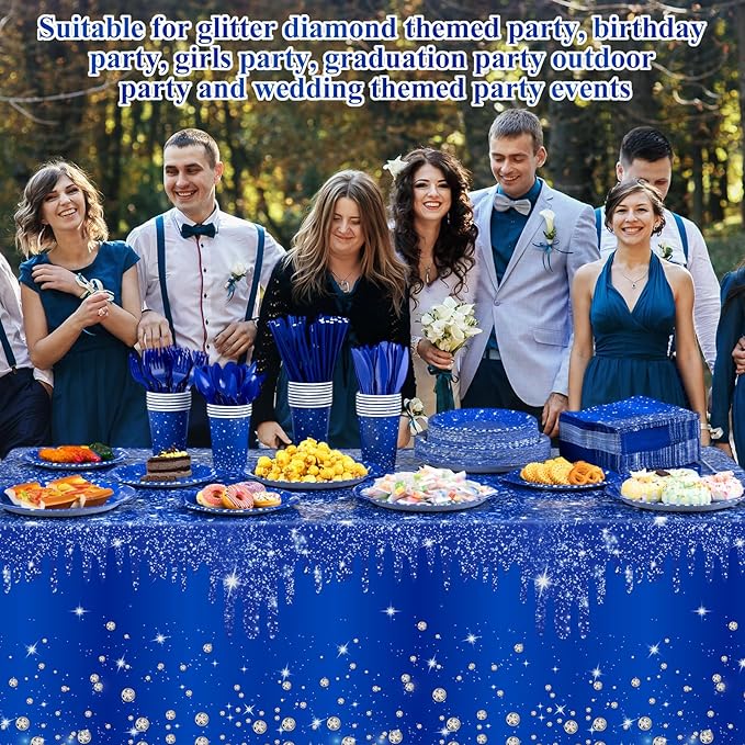 Funnymoom 452 Pcs Navy Blue Birthday Party Decoration Include Royal Blue Paper Plates Diamond Napkins Cups Tablecloth Cutlery Straws Tableware for Birthday Baby Shower Graduation Party Supplies