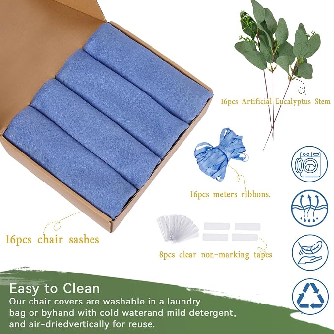 QueenDream Dusty Blue Chair Sashes Decorations: 16 Packs Wedding Aisle Draping Fabric Wedding AisleSheer Church Chair Cover Bulk for Baby Shower Party Banquet