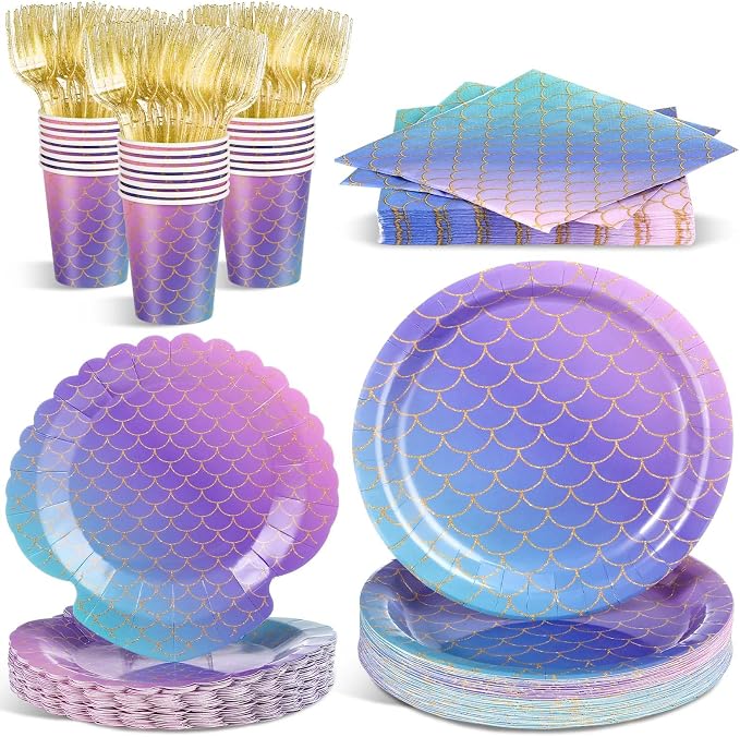 Blushtier 120 Pcs Mermaid Party Supplies Mermaids Themed Decorations Under the Sea Disposable Dinnerware Set Includes Plates Napkins Cups Fork for Birthday Party, Serves 24 Guests