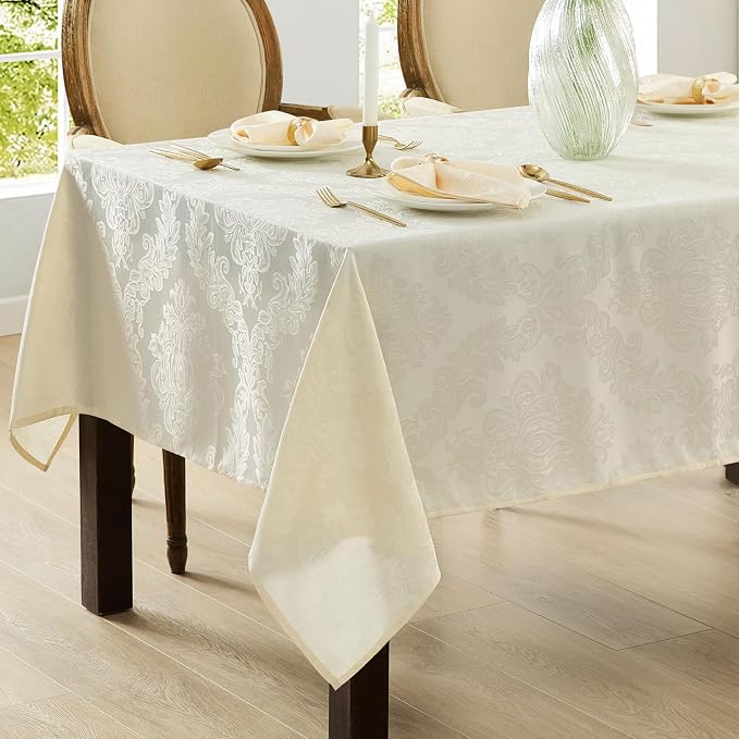 Newbridge Barcelona Luxury Damask Fabric Tablecloth, 70” Extra Wide x 90” Rectangle, Antique White, 100% Polyester, No Iron, Soil Resistant Dining Room, Party and Banquet Table Cover