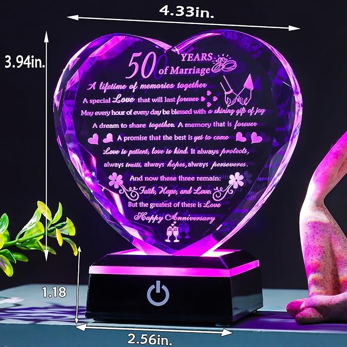 50th Wedding Anniversary Crystal Gifts for Couples Parents with Colorful LED Base Heart Romantic Happy 50th Anniversary Plaque Gift for Husband Wife 50 Years of Marriage Gifts for Her Him