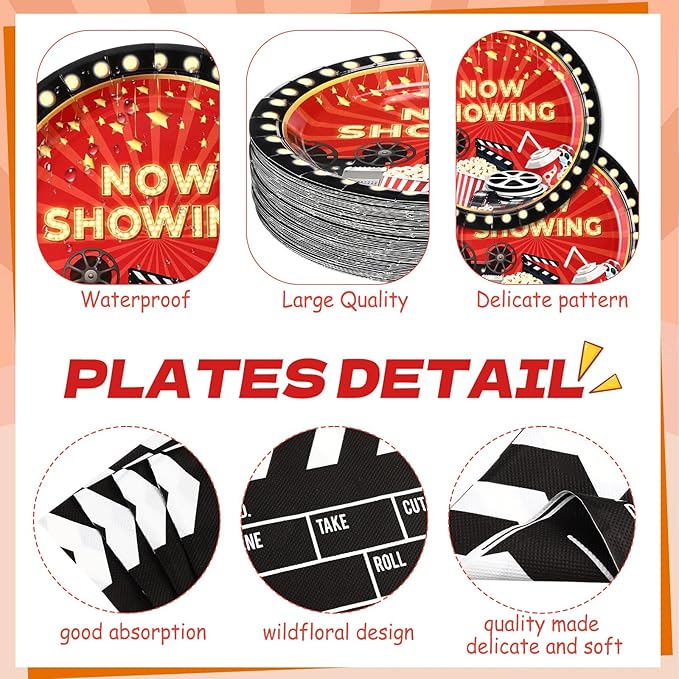 Funnymoom 452 Pcs Movie Night Party Decorations Supplies Set Include Movie Theme Birthday Paper Plates Napkins Cups Tablecloth Cutlery Straws for Now Showing Red Carpet Birthday Party