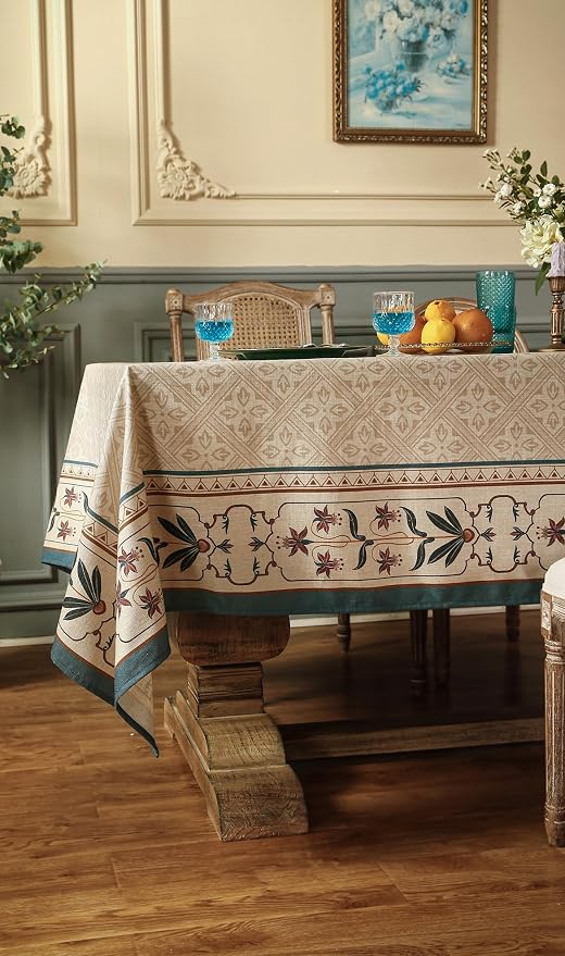 patdrea Designer French Linen Tablecloth,Rectangular,87"x55"-Fram | Elegant Durable Table Cloth for Rectangle Table,Vintage Block Print,for Dining Room Tea Party Thanksgiving,Beige