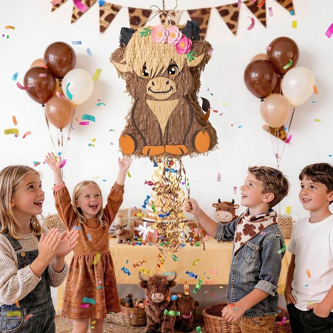 WERNNSAI Highland Cow Piñata - Scottish Cattle Piñata with Blindfold and Bat for Boys Girls Animal Farm Birthday Party Supplies Cute Floral Baby High Land Cow Country Party Favors Gifts Decor