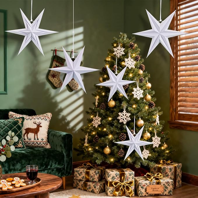 SUNBEAUTY Christmas Paper Stars, 6 Pointed 12 Inch White Color Hanging Paper Star Lanterns, Christmas Decorations Hanging Lamp for Indoor Xmas Tree, Yard, Home Decor Birthday