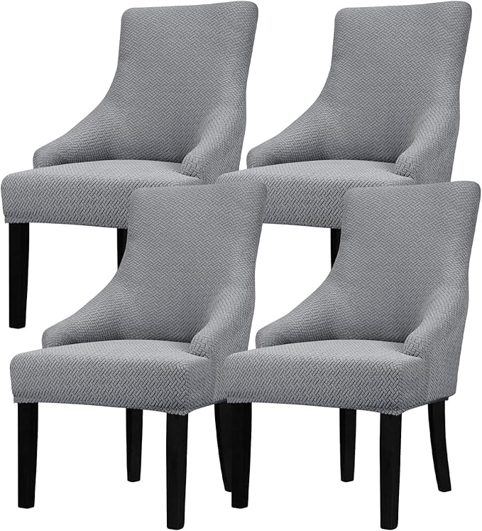 Lellen Velvet Stretch Wingback Chair Cover Slipcover - Reusable Protector Cover for Dining Room Banquet Home Decor etc Machine Washable Hand Washable (01 T-Shaped Twill Sliver Grey, 4PC)