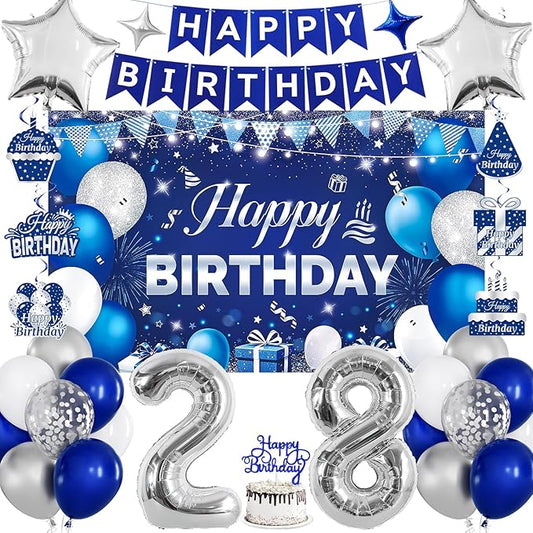 28th Birthday Decorations for Men & Women, Navy Blue and Silver Happy 28th Birthday Party Decorations with Number Balloons, Hanging Swirls, Cake Topper for 28 Years Old Party Supplies