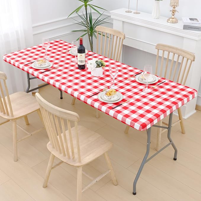 Smiry Picnic Table Cloth 4 Pack, Waterproof Elastic Fitted Tablecloths for 4FT Rectangle Tables, Washable Polyester Buffalo Plaid Tablecloth for Camping, Dining & Outdoor (Red & White, 30" x 48")