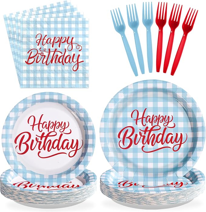 96Pcs Blue Gingham Birthday Party Supplies Blue and White Checkered Plates and Napkins Disposable Plaid Red Word Tableware Set for Kids Birthday Baby Shower Holiday Picnic Party Decorations Serves 24