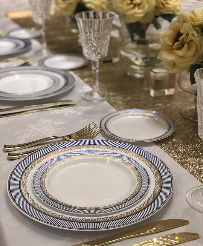 OCCASIONS 240 Disposable Plates for 120 Guests, Fancy Blue & Gold Heavyweight Scalloped Plastic Dinnerware Set for Wedding Party, BPA Free - 10.5" Dinner + 7.5" Salad/Dessert, Louvre in Blue & Gold