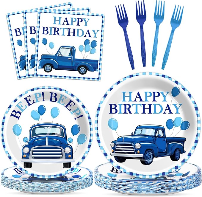 96 Pcs Blue Truck Party Decorations Blue Truck Happy Birthday Plates and Napkins Farm Car Theme Tableware Set Blue-White Themed Party Supplies for Kids Boys Birthday Baby Shower Serve 24