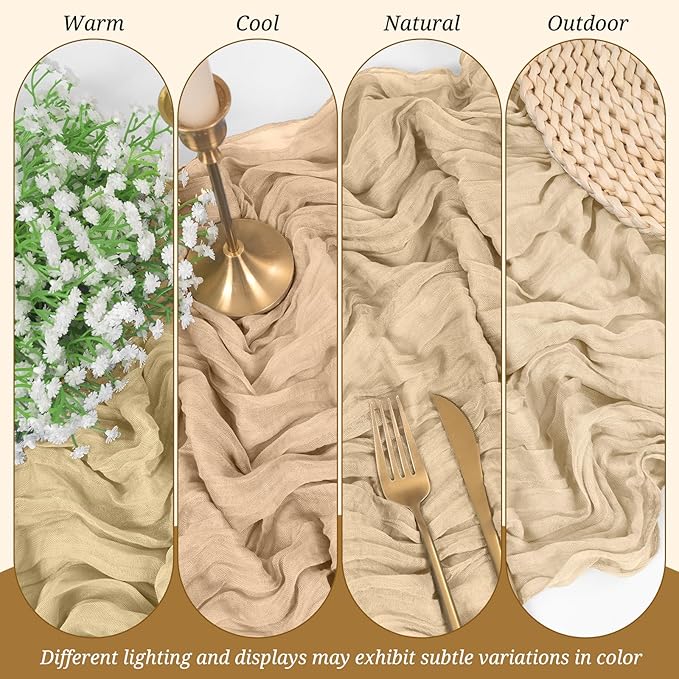 20 Pack Cheesecloth Table Runner Beige, Rustic Boho Gauze Fabric Table Runner Romantic Table Runner for Wedding, Festival, Birthday, Anniversary, Dinner and Outdoor Events (17.7 x 108 inch)