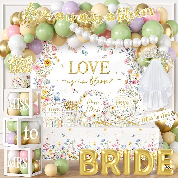Love is in Bloom Bridal Shower Decorations - 233Pcs Miss to Mrs Tableware and Balloon Arch Garland Set, Floral Themed Wedding Shower Decorations