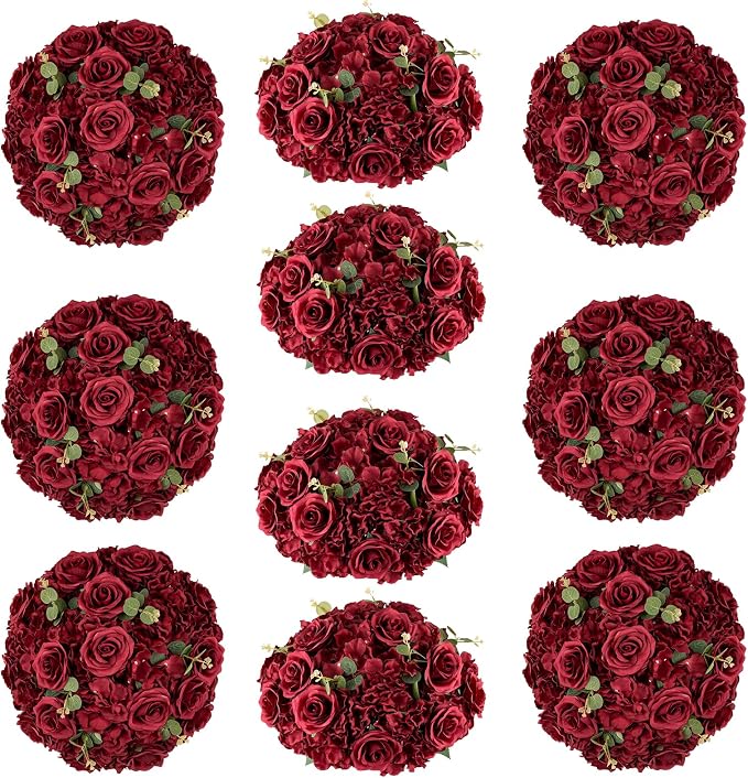 Red Roses Flowers Balls for Centerpieces: 10 PCS 15.7" Diam Flower Centerpieces for Tables in Wedding Reception Decorations Arrangement for Party Celebration Planners