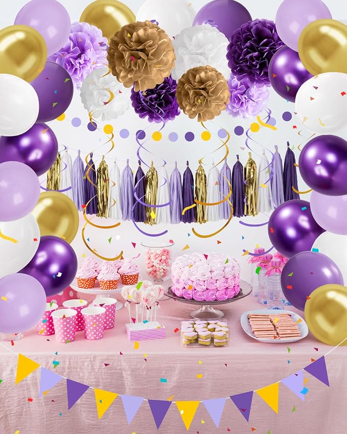 Purple and Gold Party Decoration Set –56 Pcs Include Paper Pom Poms,Tassels,Bunting,Garland,Hanging Swirls,Latex Balloons – Complete Party Decor for Birthday, Graduation,Baby Shower, and Celebrations