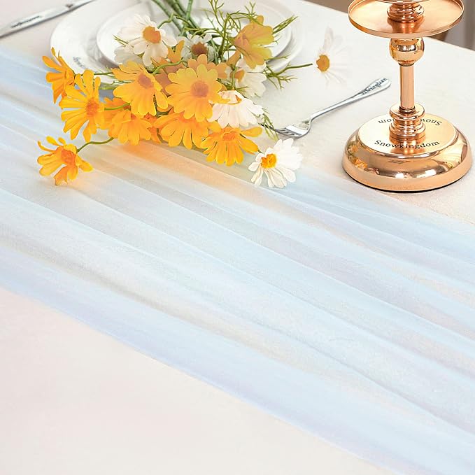 Snowkingdom Light Blue Table Runner 10FT, Baby Blue Sheer Cheesecloth Gauze Runner 120 Inch, Rustic Boho Party Table Decoration for Wedding Bridal Baby Shower Birthday Christmas Winter Holiday