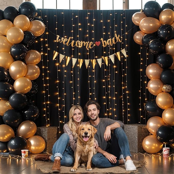 20x10FT Black Backdrop Curtains with Lights for Parties,Wrinkle Free Wedding Photo Backdrop Curtains for Baby Shower Birthday Ceremony Reception Home Party Decorations-5ft x 10ft,4 Panels
