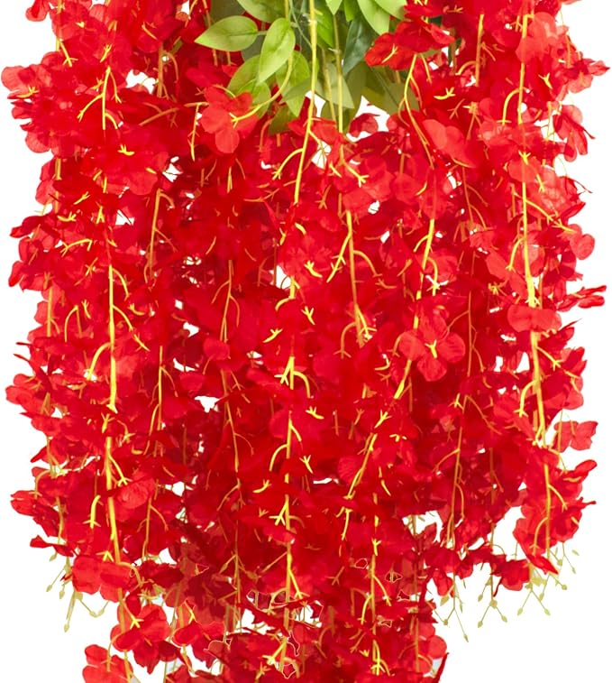 AITISOR 12 Pack Artificial Flowers Silk Wisteria Vine Ratta Hanging Flower (Red)