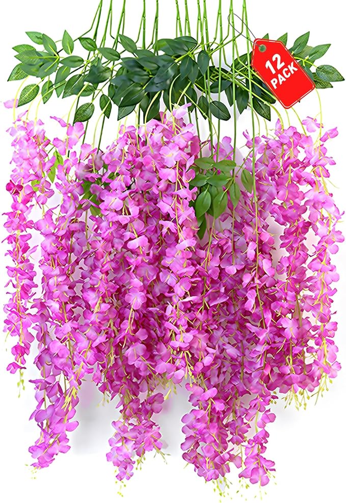12 Pack Purple Red Wisteria Hanging Flowers, 3.77 Ft Fake Hanging Flowers, Artificial Wisteria Garland Vines for Wedding Room Backdrop Outdoor Patio Garden Decoration