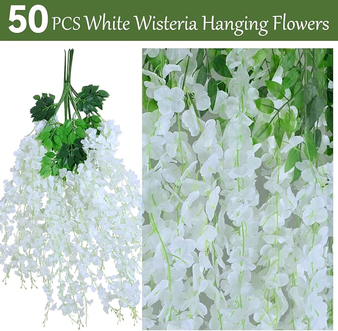 50 Pack White Wisteria Hanging Flowers,Fake Hanging Wisteria Flowers Garland for Decoration (3.6 Ft/Pcs)