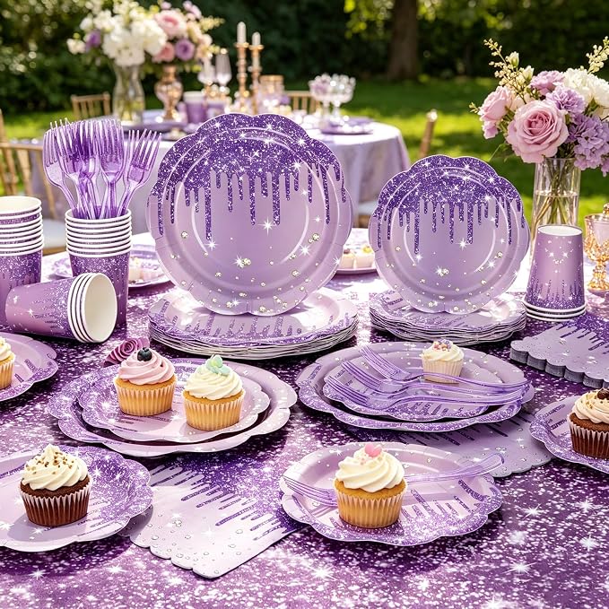 Purple Glitter Plates and Napkins Party Supplies Set, Scalloped Disposable Plates Cups Napkins Forks Tablecloth for Princess Birthday Baby Shower Bridal Shower Wedding Decorations, Serves 24 Guests