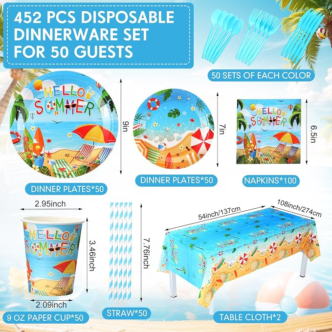 Funnymoom 452 Pcs Hello Summer Plates and Napkins Beach Party Supplies for 50, Summer Beach Cup Tablecloth Cutlery Disposable Tableware for Hawaiian Tropical Luau Ocean Pool Birthday Party Decoration