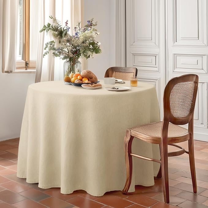 Linen World Round Tablecloth 90" Inch - 100% French Linen Washable Natural Tablecloth for Dining,Outdoor,Weddings and Restaurants,Decorative Thanksgiving Christmas,Sand Beige
