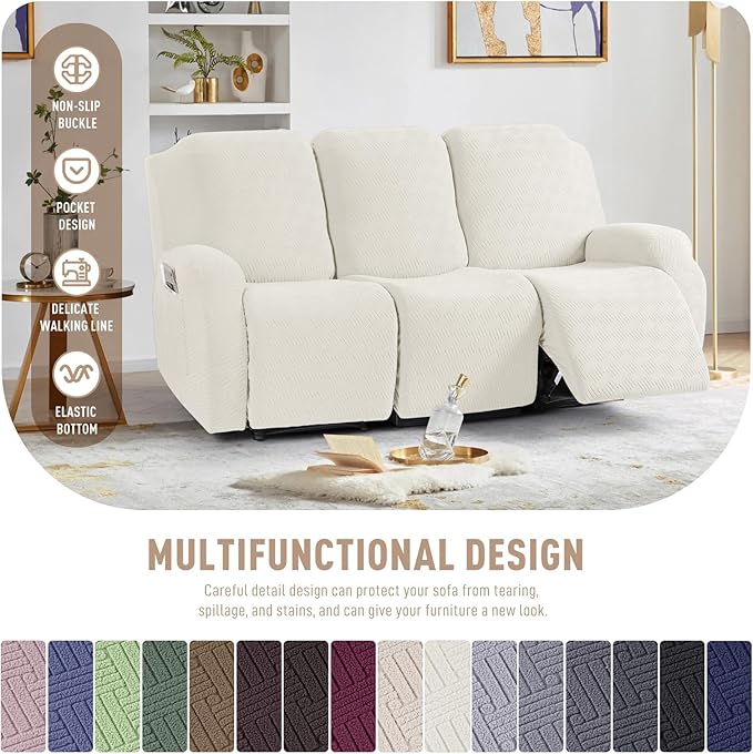 KinCam Recliner Covers, Stretch Reclining Chair Covers, Recliner Sofa Slipcovers Stripe Jacquard Recliner Couch Covers Furniture Protector Covers for Pet Kid (3 Seater, Cream)