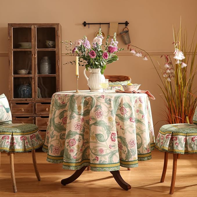 patdrea Vintage French Linen Tablecloth,Round,Diameter 55"-Cecilia A | Colorful Elegant Table Cloth for Round Table,Floral Vine Patterned,for Dining Room Tea Party Thanksgiving