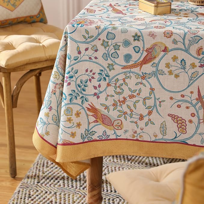 patdrea Vintage French Linen Tablecloth,Rectangular,94"x63"-Magnolia | Colorful Elegant Large Table Cloth for Rectangle Table,Yellow Floral Bird Print,Dining Room Tea Party Decoration,Durable