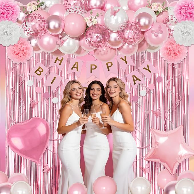 Pink Birthday Party Decorations, Pink and White Pearl Confetti Foil Balloons Happy Birthday Banner Fringe Curtain Butterfly Hanging Swirls Circle Dots Tassels Pompoms for Women Girls Party Supplies