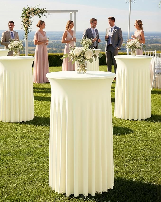 KeyWave Cocktail Table Tablecloth with Skirts - 24x43 Inch Wavy Spandex High Top Cocktail Table Covers, Ruffle Drape Highboy Tablecloth Reusable for Party Wedding Cake Standing Table, Ivory, 6 Pack