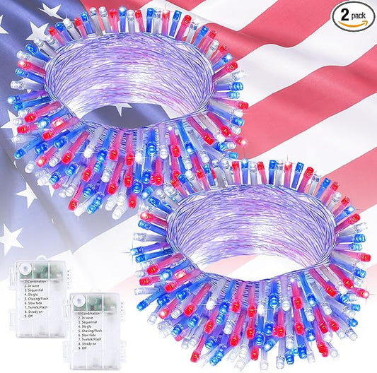 2 Pack Red White and Blue Battery Operated Fairy Lights, 33FT 100LED 4th of July String Lights with Timer, 8 Modes Waterproof Patriotic Twinkle Light Indoor Outdoor for Independence Day Memorial Day