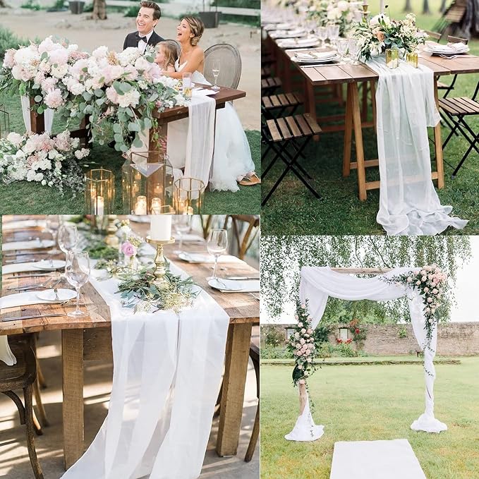 Fivenl 12 Packs White 10Ft Chiffon Table Runner 27x120 Inches Sheer Chiffon Table Runner Romantic Boho Rustic Wedding Table Runner for Wedding Birthday Party Decor Bridal Baby Shower Table Decoration