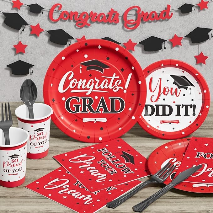 Ecomore Graduation Decoration Class of 2026, 350PCS Graduation Party Supplies Disposable Dinnerware(Serve 50) with Paper Plates Cup Napkin Fork Knife Spoon College High School Grad Decor (Red & Black)