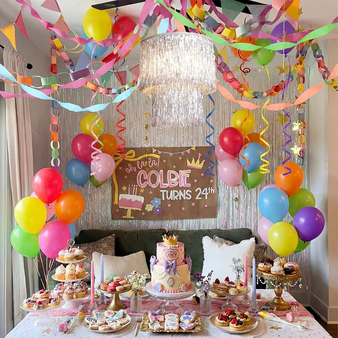 Blueweenly Fancy Princess Birthday Party Decorations Paper Chain Garland Strip Ceiling Party Classroom Decor Crepe Streamer Glitter Star Chandelier Balloons for Wedding Birthday(Rainbow,Small,8 Pcs)
