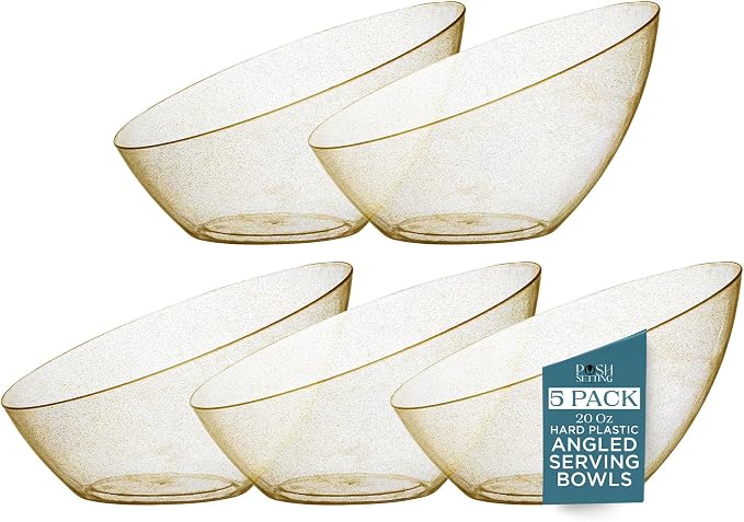 Posh Setting - Gold Plastic Serving Bowls for Party Angled Bowls Disposable Chip Bowls Candy Bowls for Party Table Salad and Fruit Bowls for Wedding Serving Bowls - Gold Glitter, 20 OZ, 5 Pack