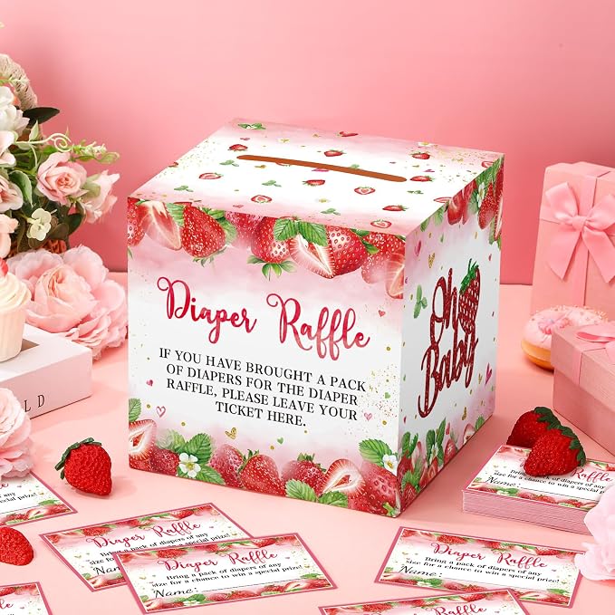 Teling 51 Pieces Diaper Raffle Tickets with Card Box Baby Shower Decorations Baby Shower Holder Box for Girl Boy Diaper Raffle Party(Strawberry)