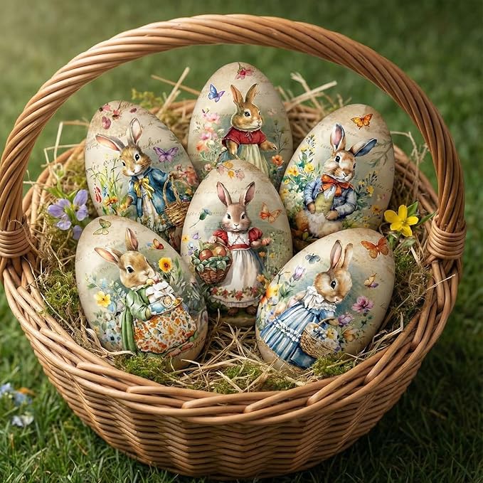Outus 18 Pcs Easter Egg Ornaments Vintage Easter Egg Hanging Ornament Colorful Decorative Rabbit Hanging Ornaments for Tree Spring Farmhouse Home Fireplace Decoration Holiday Party Favors