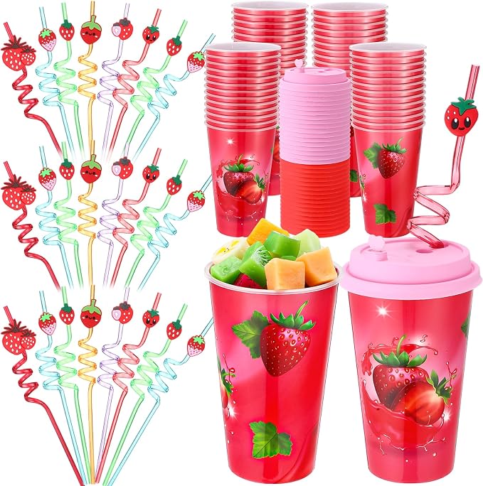 Maxcheck 24 Sets 16 oz Strawberry Party Favors Goodie Cups with Colorful Lids and Straws for Birthday Decorations Reusable Plastic Candy Cups Bulk Plastic Straws for Birthday Party Celebration Gifts