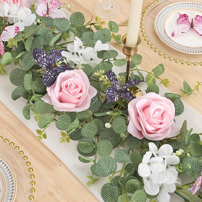 4PCS 5.9Ft Artificial Flower Garland Fake Rose Hydrangea Vines with Butterflies Hanging Floral Flowers Greenery Eucalyptus Garland for Wedding Home Party Room Table Backdrop Decor (Pink, 4PCS)
