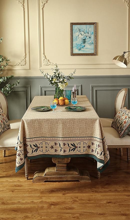 patdrea Designer French Linen Tablecloth,Rectangular,87"x55"-Fram | Elegant Durable Table Cloth for Rectangle Table,Vintage Block Print,for Dining Room Tea Party Thanksgiving,Beige