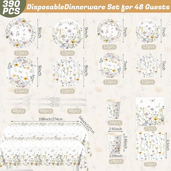 Ceenna 390 Pcs Wildflower Party Decorations for 48 Guests, Spring Floral Paper Plates Napkins Cups Tablecloth Cutlery Disposable Tableware Set for Flower Baby Shower Birthday Wedding Party Supplies
