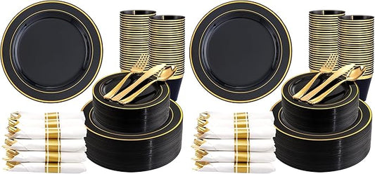 350 Pieces Black and Gold Plastic Plates with Disposable Silverware, Include 50 Dinner Plates 9”, 50 Dessert Plates 6.3”, 50 Black Cups 9 OZ, 50 Pre Rolled Napkins for New Year (Pack of 2)