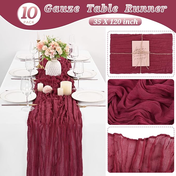 10 Pcs Burgundy Cheesecloth Table Runner 10FT, Gauze Cheese Cloth for Wedding Reception Rustic Sheer Bridal Shower Birthday Party Boho Table Decoration, Romantic Wedding Runner