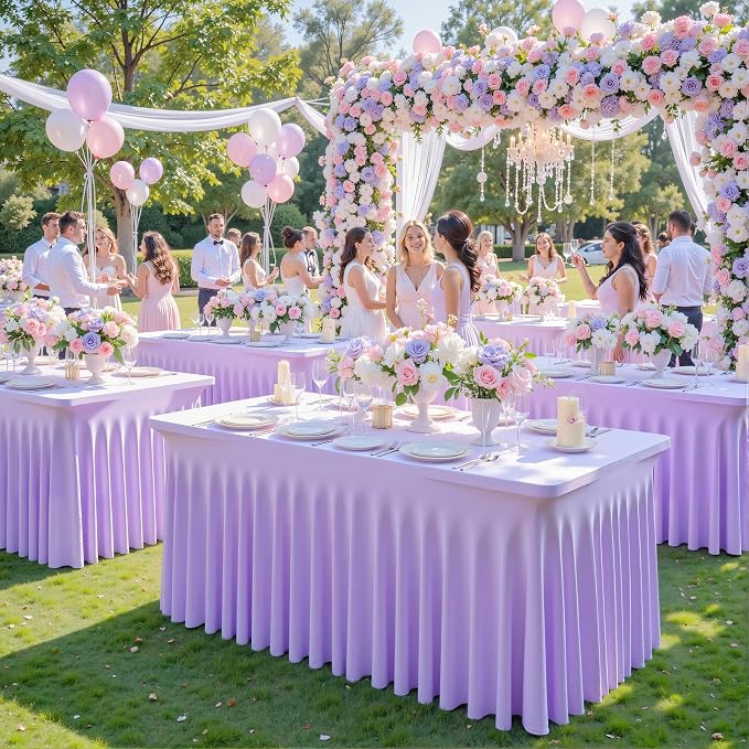 6 Pack Purple Table Cloth for 8 Foot Rectangle Tables Spandex Fitted Tablecloth 8ft Stretch Table Covers Skirt Purple Banquet Tablecloths Wrinkle Free Tablecloth for Party Wedding Birthday Event